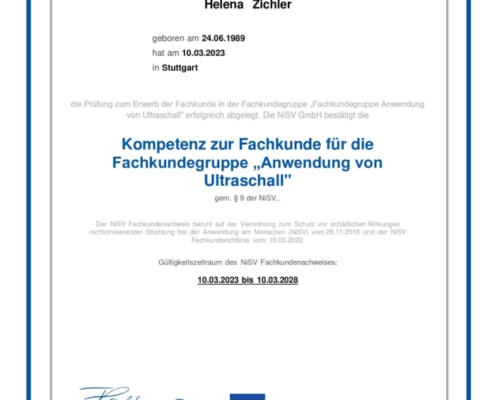 Zertifikat Helena Zichler Kompetenz zur Fachkunde für die Fachkundegruppe "Anwendung von Ultraschall"