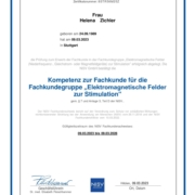 Zertifikat Kompetenz zur Fachkunde für die Fachkundegruppe "Elektromagnetische Felder zur Stimulation"